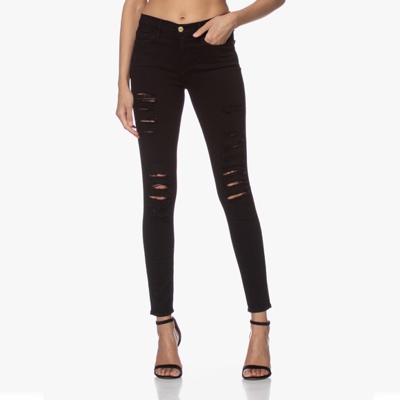 FRAME Le Skinny de Jeanne Black Film‎ Noir Distressed Jeans Size 24 - Picture 1 of 11